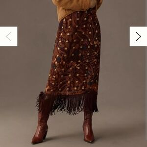 FARM Rio Brown Floral Fringe Maxi Skirt
